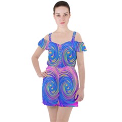 Cool Abstract Pink Blue And Yellow Twirl Liquid Art Ruffle Cut Out Chiffon Playsuit by myrubiogarden