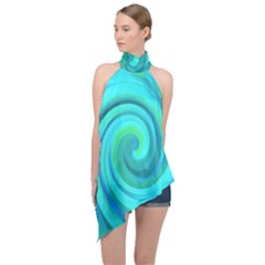 Groovy Cool Abstract Aqua Liquid Art Swirl Painting Halter Asymmetric Satin Top by myrubiogarden