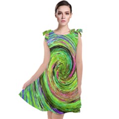 Groovy Abstract Green And Crimson Liquid Swirl Tie Up Tunic Dress by myrubiogarden