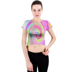 Groovy Abstract Pink And Blue Liquid Swirl Painting Crew Neck Crop Top by myrubiogarden