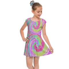 Groovy Abstract Pink And Blue Liquid Swirl Painting Kids  Cap Sleeve Dress by myrubiogarden