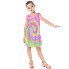 Groovy Abstract Pink And Blue Liquid Swirl Painting Kids  Sleeveless Dress by myrubiogarden