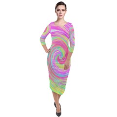 Groovy Abstract Pink And Blue Liquid Swirl Painting Quarter Sleeve Midi Velour Bodycon Dress by myrubiogarden