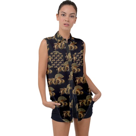 Dragon Motif Print Pattern Sleeveless Chiffon Button Shirt by dflcprintsclothing