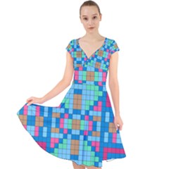 Checkerboard Squares Abstract Cap Sleeve Front Wrap Midi Dress by Pakrebo