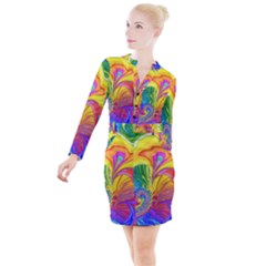 Fractal Bright Exploding Brilliant Button Long Sleeve Dress by Pakrebo