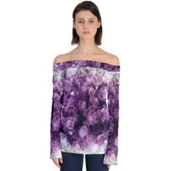 Amethyst Purple Violet Geode Slice Off Shoulder Long Sleeve Top by genx