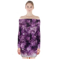 Amethyst Purple Violet Geode Slice Long Sleeve Off Shoulder Dress by genx