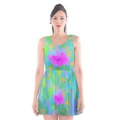 Pink Rose Of Sharon Impressionistic Blue Landscape Garden Scoop Neck Skater Dress by myrubiogarden