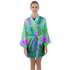 Pink Rose Of Sharon Impressionistic Blue Landscape Garden Long Sleeve Kimono Robe by myrubiogarden