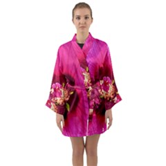 Deep Pink And Crimson Hibiscus Flower Macro Long Sleeve Kimono Robe by myrubiogarden