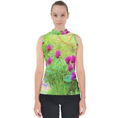 Impressionistic Purple Peonies With Green Hostas Mock Neck Shell Top by myrubiogarden