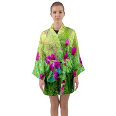 Impressionistic Purple Peonies With Green Hostas Long Sleeve Kimono Robe by myrubiogarden