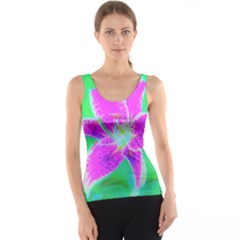 Hot Pink Stargazer Lily On Turquoise Blue And Green Tank Top by myrubiogarden