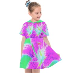 Hot Pink Stargazer Lily On Turquoise Blue And Green Kids  Sailor Dress by myrubiogarden