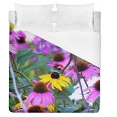 Yellow Flowers In The Purple Coneflower Garden Duvet Cover (queen Size) by myrubiogarden