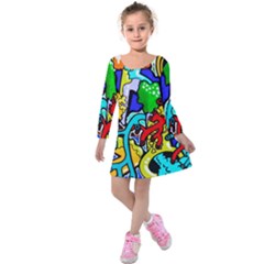 Graffiti Abstract With Colorful Tubes And Biology Artery Theme Kids  Long Sleeve Velvet Dress by genx