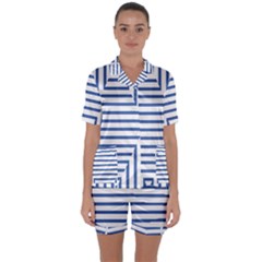 Geometric Shapes Stripes Blue Satin Short Sleeve Pyjamas Set by Mariart