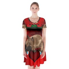 Wonderful German Shepherd With Heart And Flowers Short Sleeve V-neck Flare Dress by FantasyWorld7