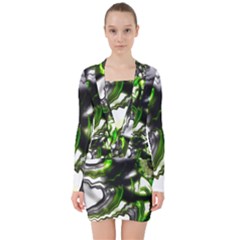 Fractal Green Trumpet Trump V-neck Bodycon Long Sleeve Dress by Pakrebo