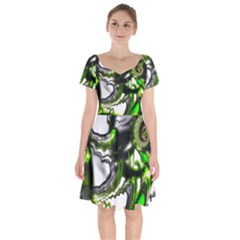 Fractal Green Trumpet Trump Short Sleeve Bardot Dress by Pakrebo