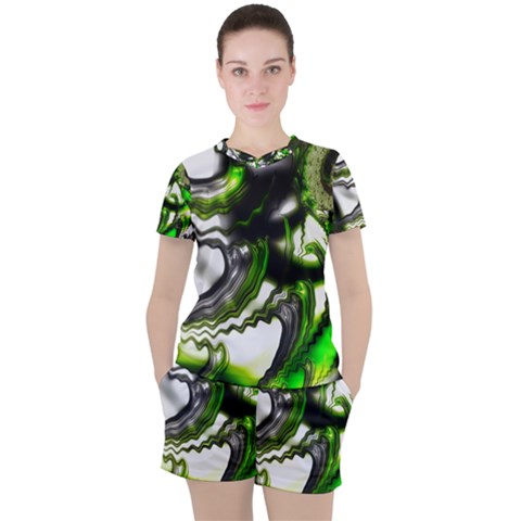 Fractal Green Trumpet Trump Women s Tee And Shorts Set by Pakrebo