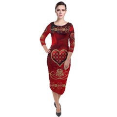 Wonderful Heart With Roses Quarter Sleeve Midi Velour Bodycon Dress by FantasyWorld7