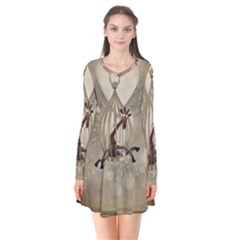 Funny Giraffe With Herats And Butterflies Long Sleeve V-neck Flare Dress by FantasyWorld7