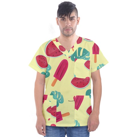 Watermelon Leaves Strawberry Men s V-neck Scrub Top by Pakrebo