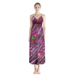 Red Peacock Feathers Color Plumage Button Up Chiffon Maxi Dress by Pakrebo