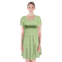 Green Gingham Short Sleeve V-neck Flare Dress by retrotoomoderndesigns