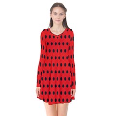 Red Black Polka Dots Long Sleeve V-neck Flare Dress by retrotoomoderndesigns