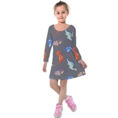 Dinosaurs - Grey  Kids  Long Sleeve Velvet Dress by WensdaiAmbrose