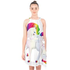 Rainbow Unicorn Unicorn Heart Halter Collar Waist Tie Chiffon Dress by Wegoenart