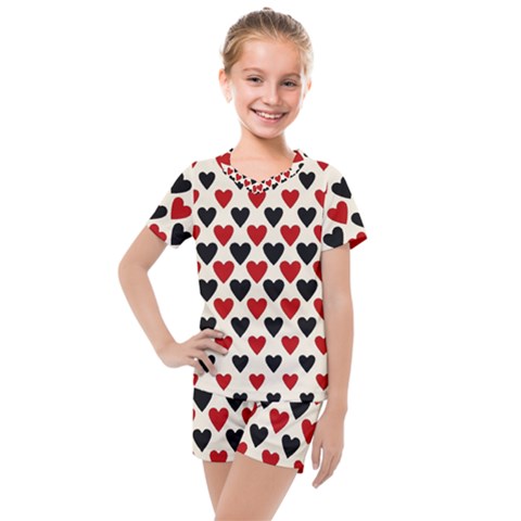 Red & Black Hearts - Eggshell Kids  Mesh Tee And Shorts Set by WensdaiAmbrose