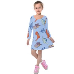 Dinosaurs - Baby Blue Kids  Long Sleeve Velvet Dress by WensdaiAmbrose