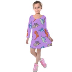 Dinosaurs - Violet Kids  Long Sleeve Velvet Dress by WensdaiAmbrose