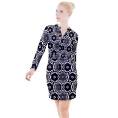 Black White Abstract Flower Button Long Sleeve Dress by retrotoomoderndesigns