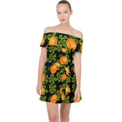 Citrus Tropical Orange Black Off Shoulder Chiffon Dress by snowwhitegirl