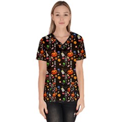 Halloween Treats Pattern Black Women s V-neck Scrub Top by snowwhitegirl