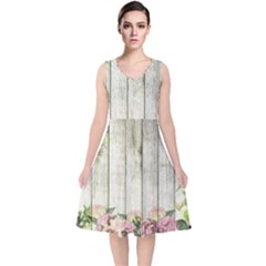 Floral Wood Wall V-neck Midi Sleeveless Dress  by snowwhitegirl