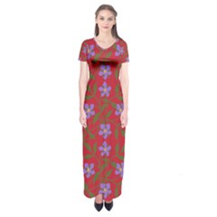 Red With Purple Flowers Short Sleeve Maxi Dress by snowwhitegirl