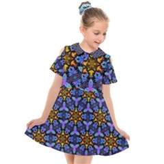 Blue Flowers Wallpaper Backgrounds Kids  Short Sleeve Shirt Dress by Pakrebo