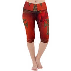 Wonderful Celtic Cross On Vintage Background Lightweight Velour Cropped Yoga Leggings by FantasyWorld7