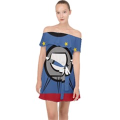 A Rocket Ship Sits On A Red Planet With Gold Stars In The Background Off Shoulder Chiffon Dress by Sudhe