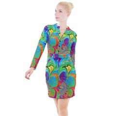 Fractal Art Psychedelic Fantasy Button Long Sleeve Dress by Sudhe