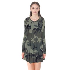 Camo Dark Green Long Sleeve V-neck Flare Dress by retrotoomoderndesigns