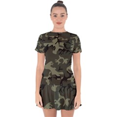 Camo Dark Green Drop Hem Mini Chiffon Dress by retrotoomoderndesigns