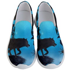 Awesome Black Wolf With Crow And Spider Men s Lightweight Slip Ons by FantasyWorld7