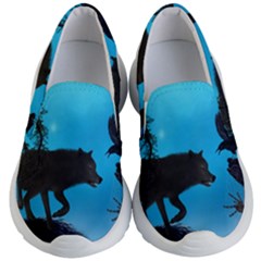 Awesome Black Wolf With Crow And Spider Kids  Lightweight Slip Ons by FantasyWorld7